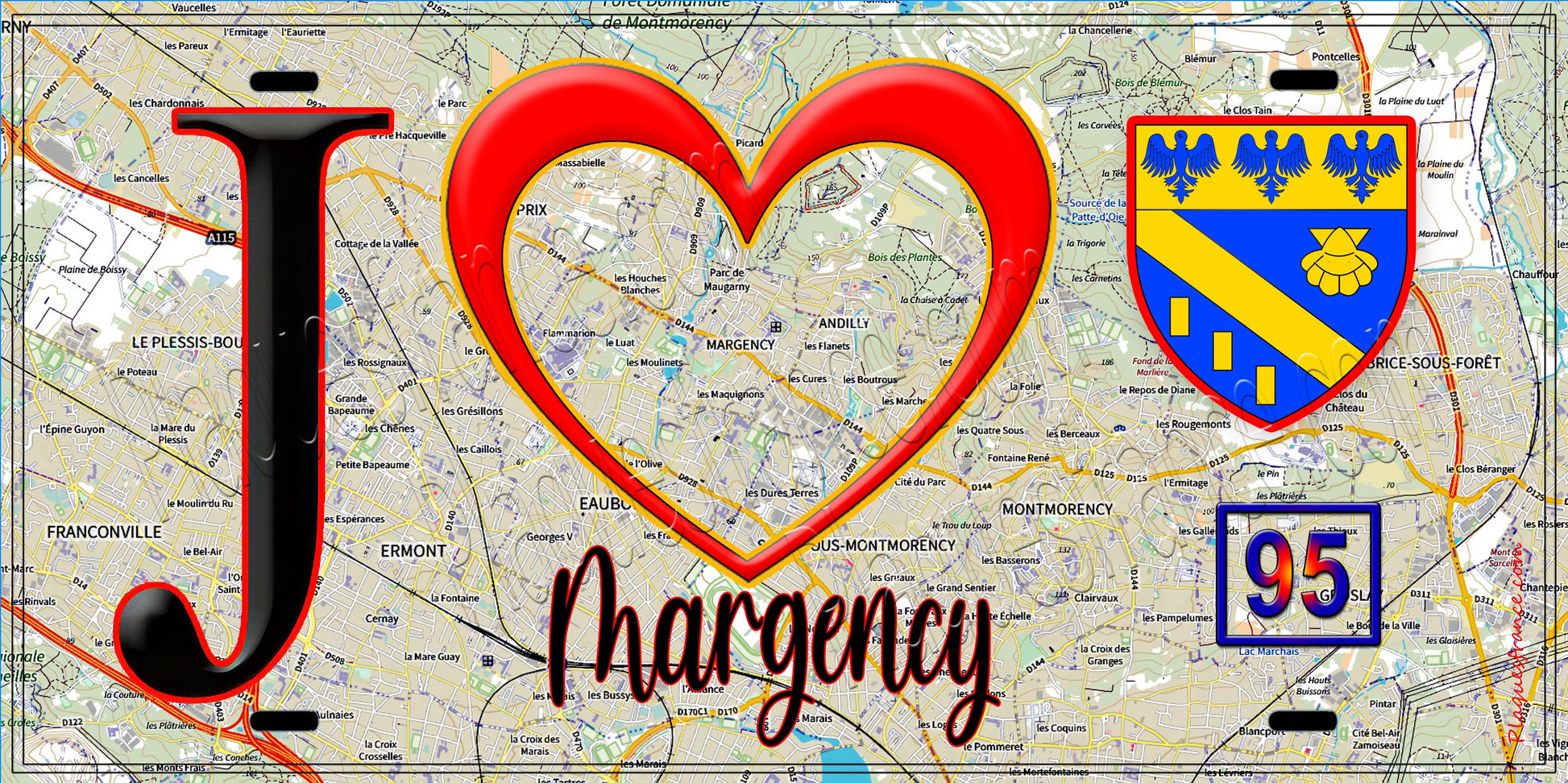Plaque métal décorative  J' ❤️Margency, Val d'Oise (95) fond carte