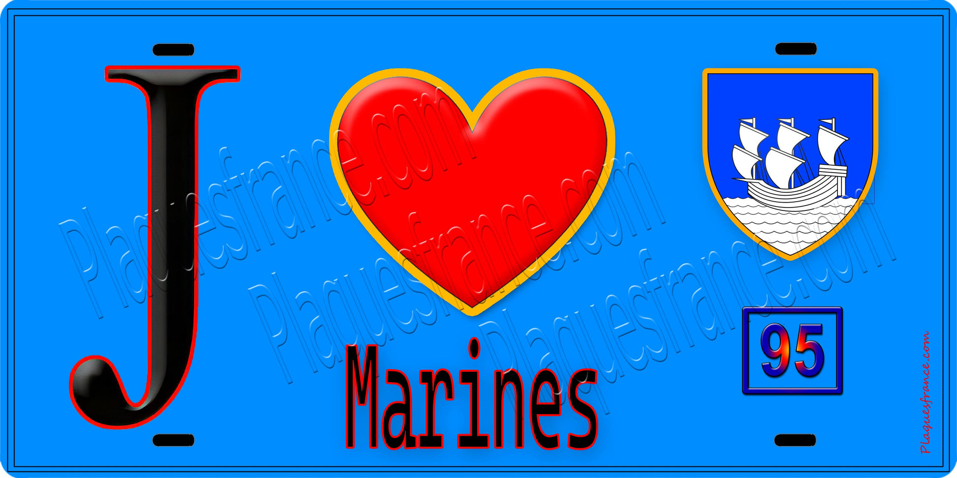 Plaque métal décorative  J' ❤️Marines, Val d'Oise (95) fond bleu