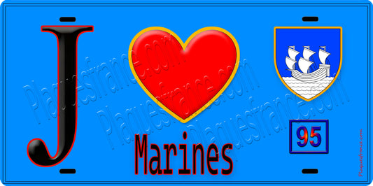 Plaque métal décorative  J' ❤️Marines, Val d'Oise (95) fond bleu