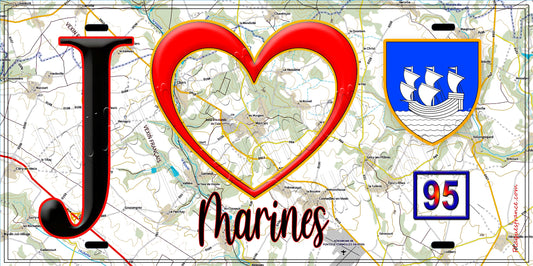 Plaque métal décorative  J' ❤️Marines, Val d'Oise (95) fond carte