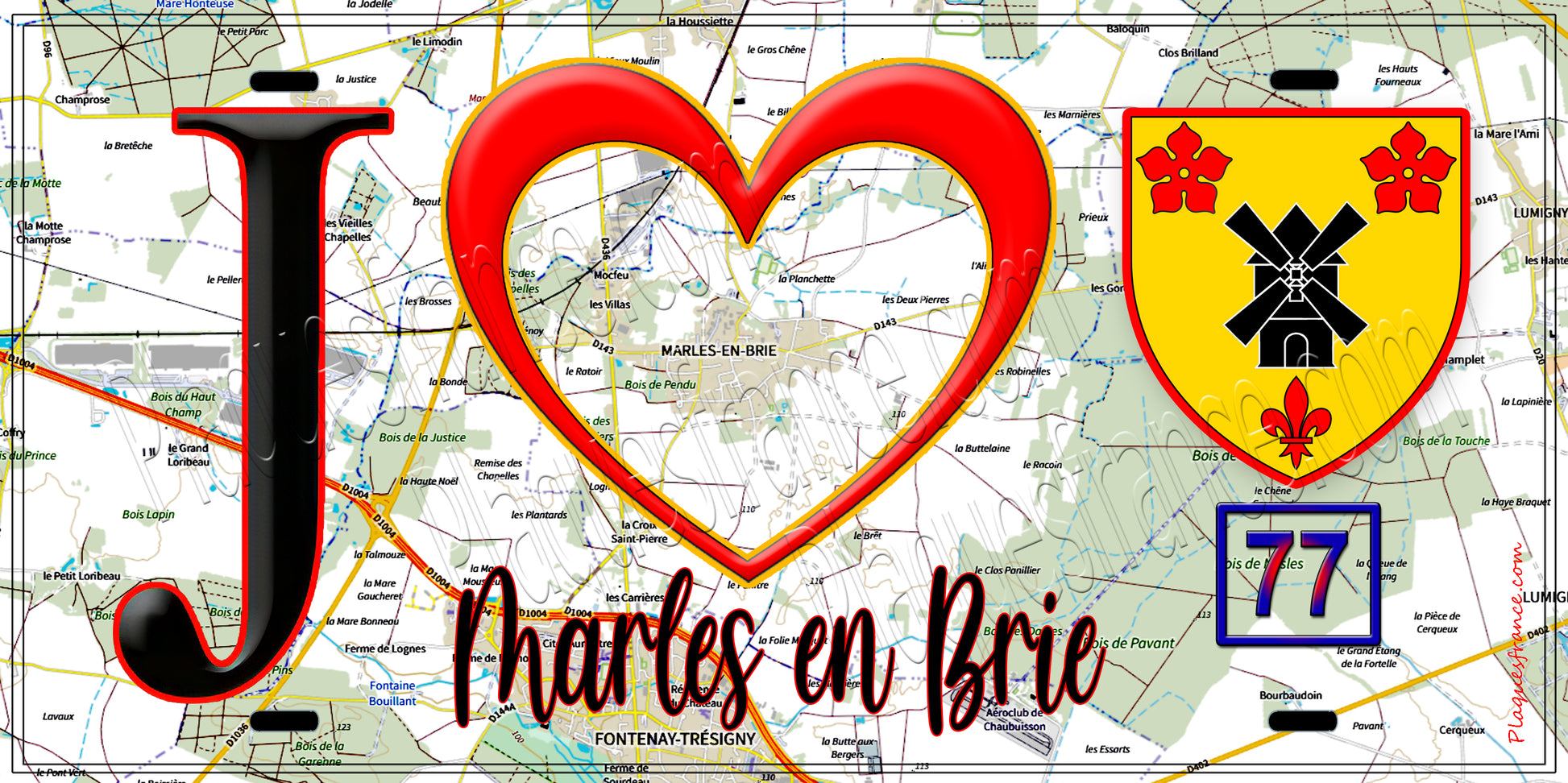 Plaque métal décorative  J' ❤️Marles-en-Brie, Seine et Marne (77) fond carte