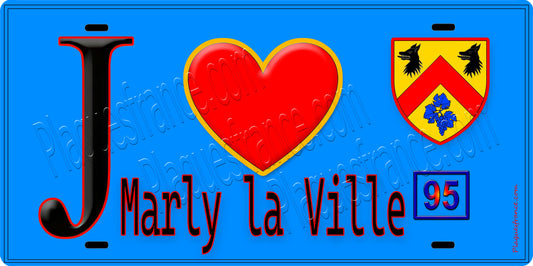 Plaque métal décorative  J' ❤️Marly-la-Ville, Val d'Oise (95) fond bleu