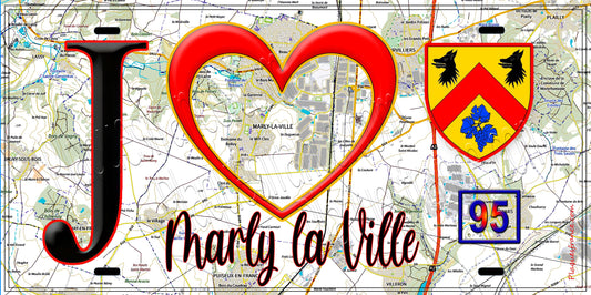 Plaque métal décorative  J' ❤️Marly-la-Ville, Val d'Oise (95) fond carte