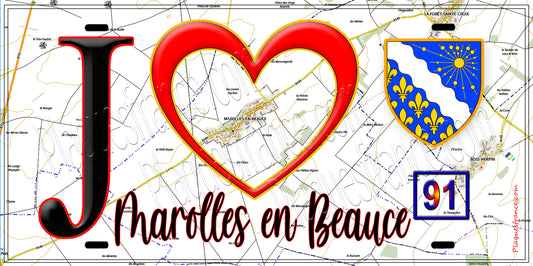 Plaque métal décorative  J' ❤️Marolles-en-Beauce, Essonne (91) fond carte