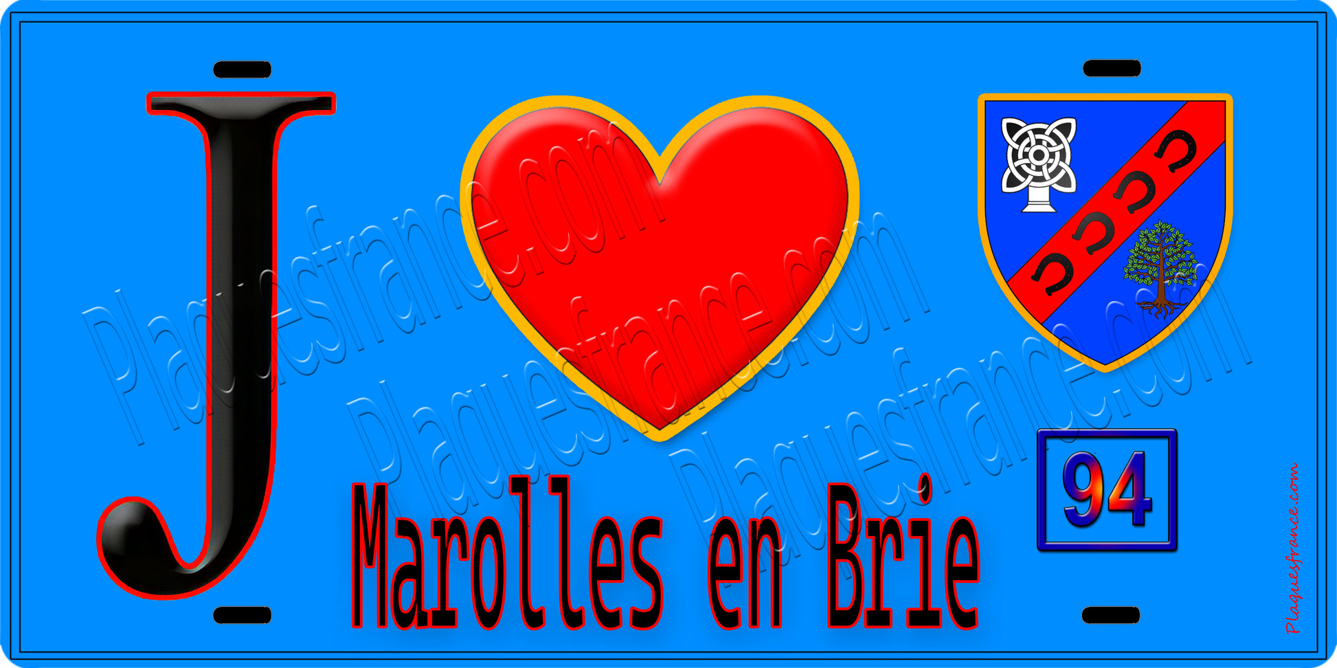 Plaque métal décorative  J' ❤️Marolles-en-Brie, Val de Marne (94) fond bleu