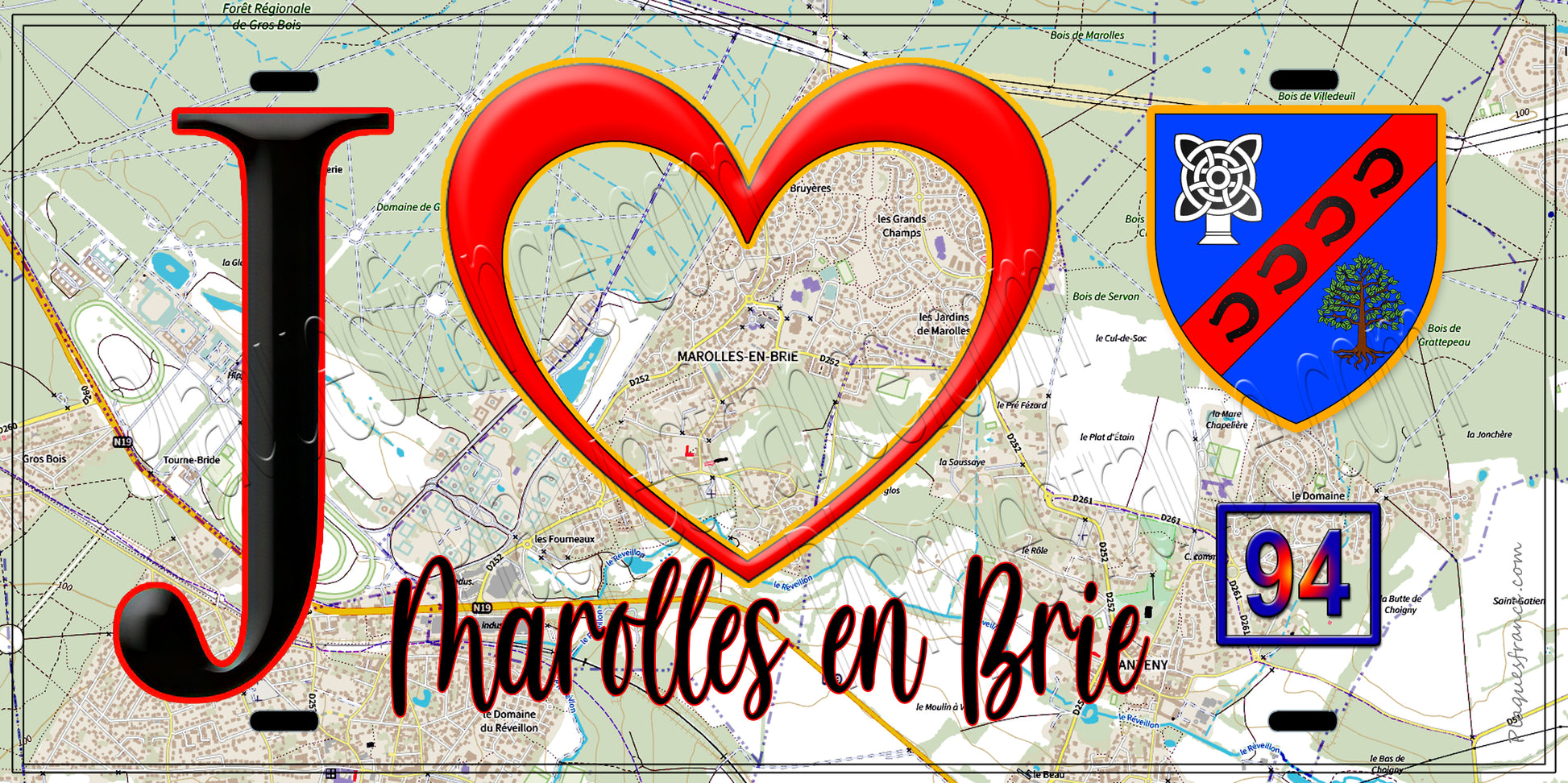 Plaque métal décorative  J' ❤️Marolles-en-Brie, Val de Marne (94) fond carte