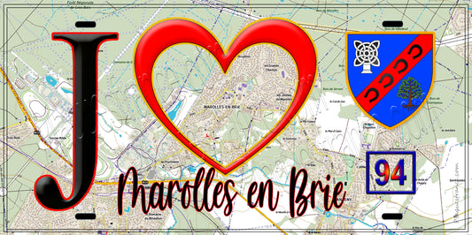 Plaque métal décorative  J' ❤️Marolles-en-Brie, Val de Marne (94) fond carte