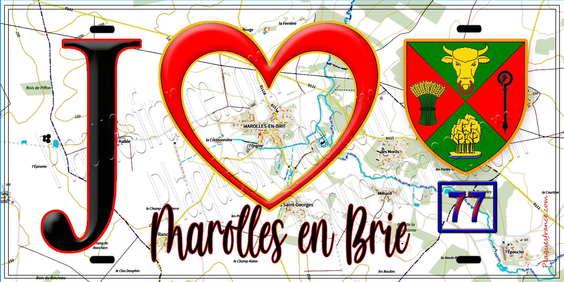 Plaque métal décorative  J' ❤️Marolles-en-Brie, Seine et Marne (77) fond carte