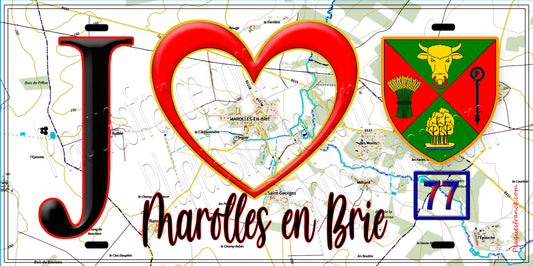 Plaque métal décorative  J' ❤️Marolles-en-Brie, Seine et Marne (77) fond carte