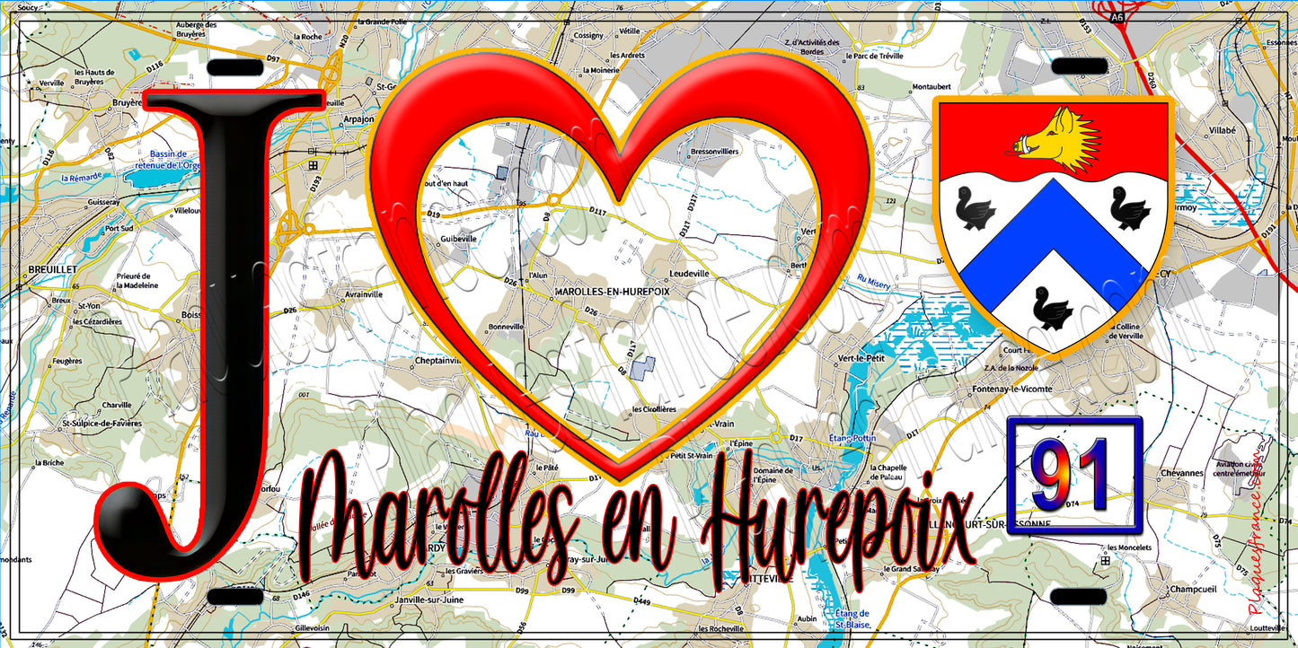 Plaque métal décorative  J' ❤️Marolles-en-Hurepoix, Essonne (91) fond carte