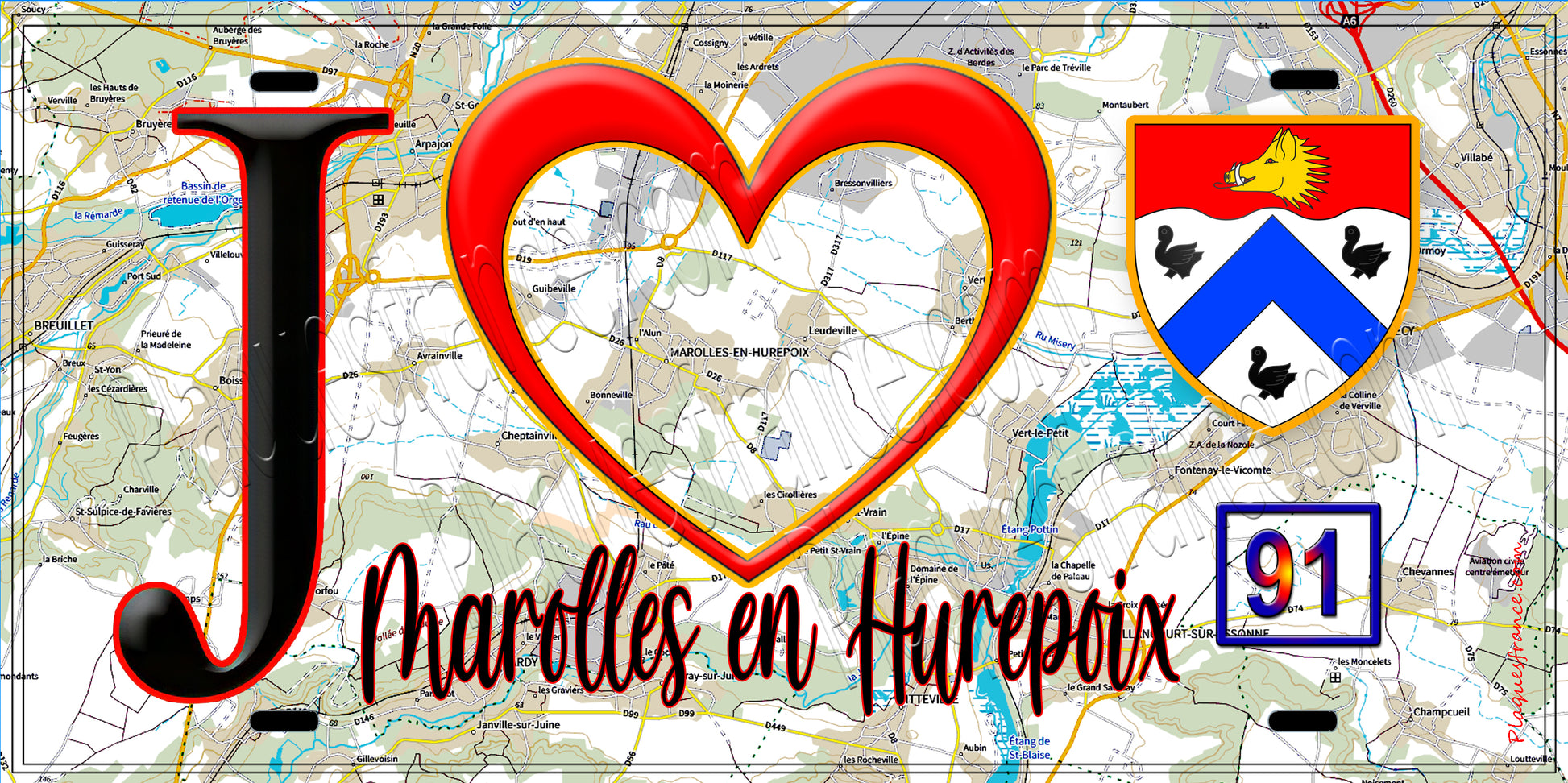 Plaque métal décorative  J' ❤️Marolles-en-Hurepoix, Essonne (91) fond carte