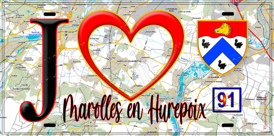 Plaque métal décorative  J' ❤️Marolles-en-Hurepoix, Essonne (91) fond carte