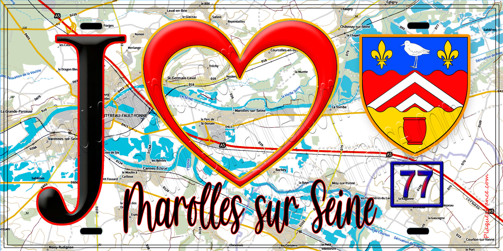 Plaque métal décorative  J' ❤️Marolles-sur-Seine, Seine et Marne (77) fond carte