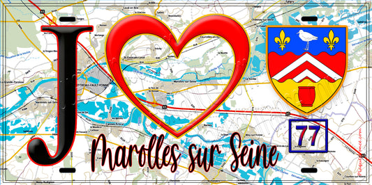 Plaque métal décorative  J' ❤️Marolles-sur-Seine, Seine et Marne (77) fond carte