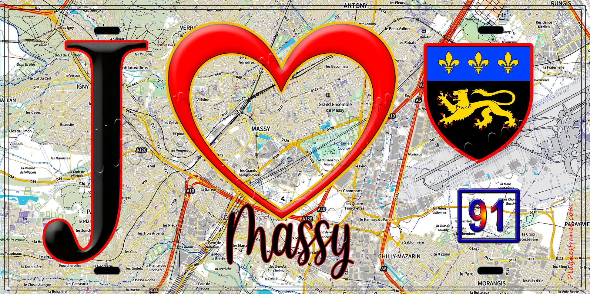 Plaque métal décorative  J' ❤️Massy, Essonne (91) fond carte