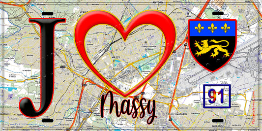 Plaque métal décorative  J' ❤️Massy, Essonne (91) fond carte