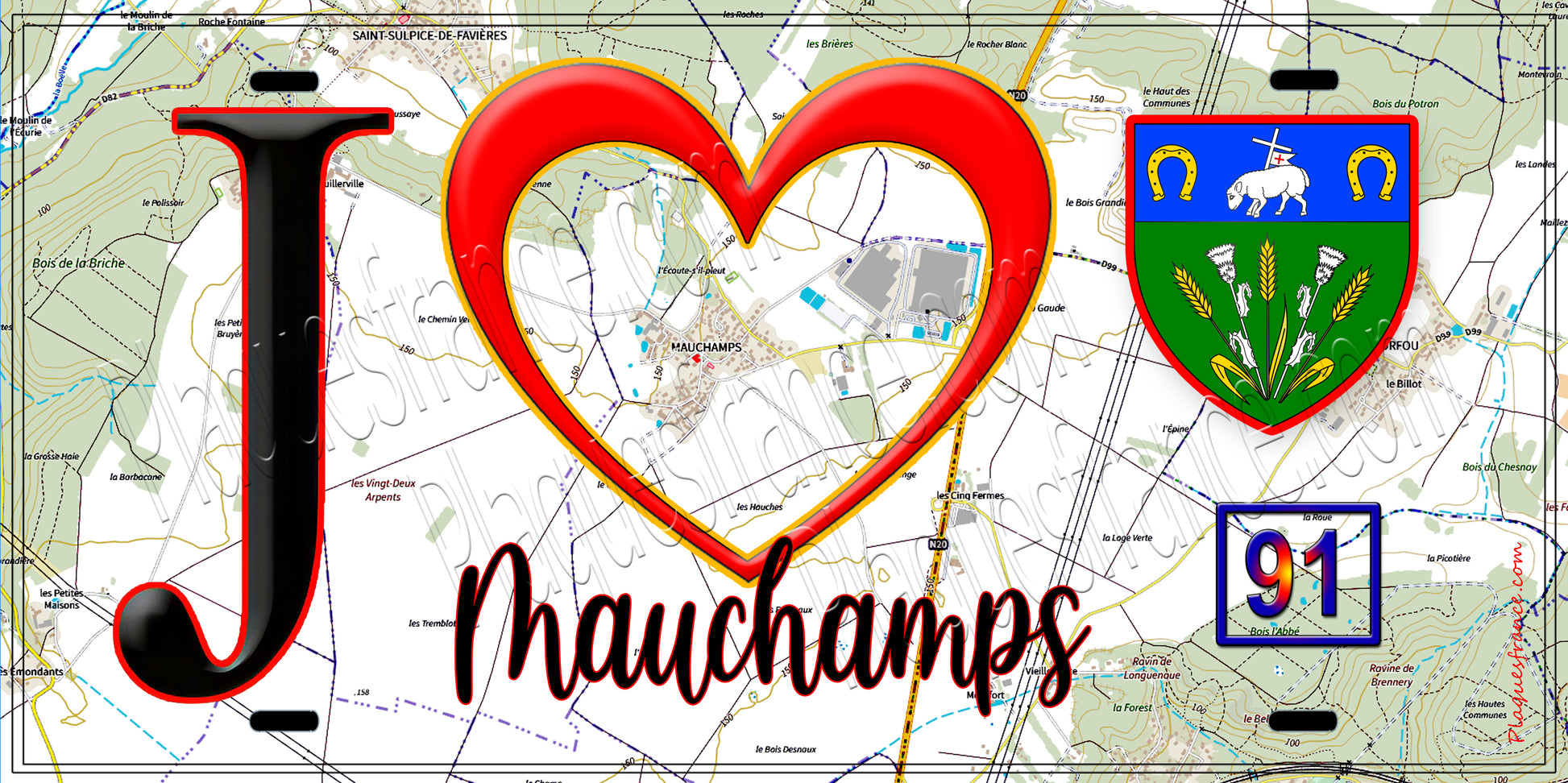 Plaque métal décorative  J' ❤️Mauchamps, Essonne (91) fond carte