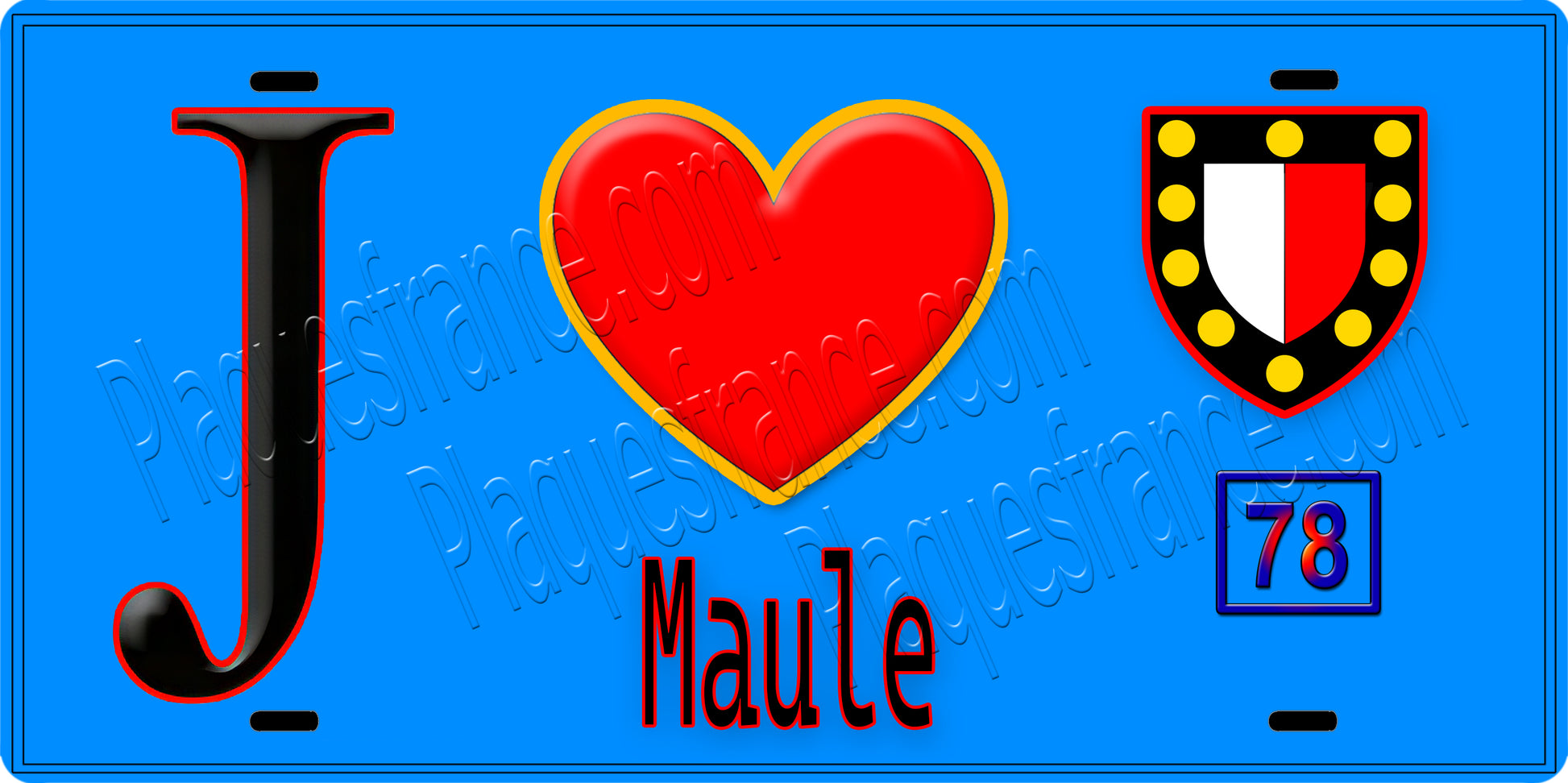 Plaque métal décorative  J' ❤️ Maule, Yvelines (78) fond bleu