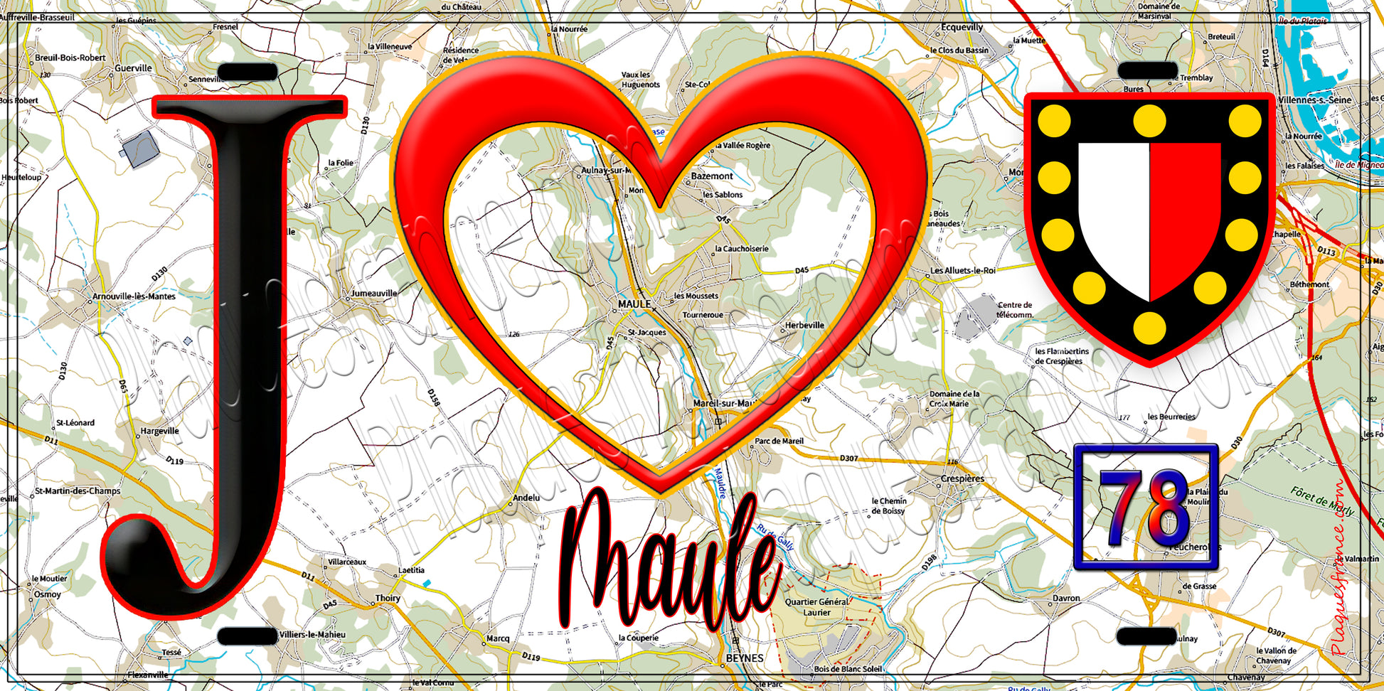 Plaque métal décorative  J' ❤️ Maule, Yvelines (78) fond carte