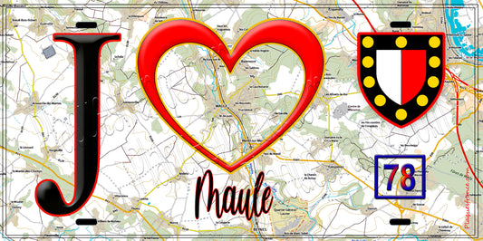 Plaque métal décorative  J' ❤️ Maule, Yvelines (78) fond carte
