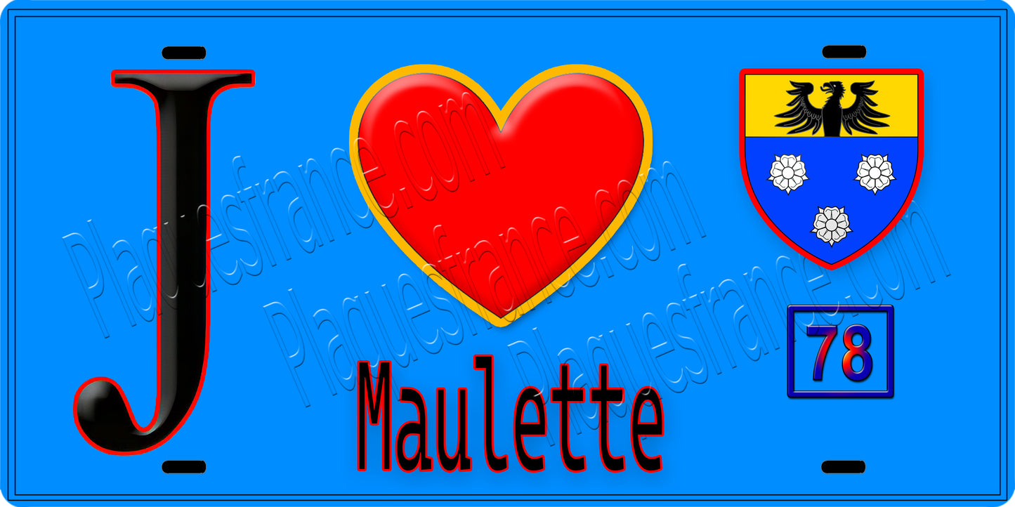 Plaque métal décorative  J' ❤️ Maulette, Yvelines (78) fond bleu