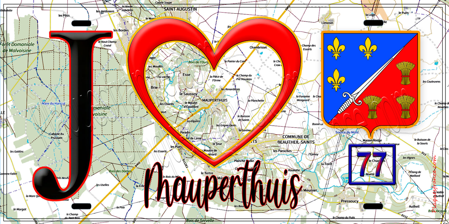Plaque métal décorative  J' ❤️Mauperthuis, Seine et Marne (77) fond carte