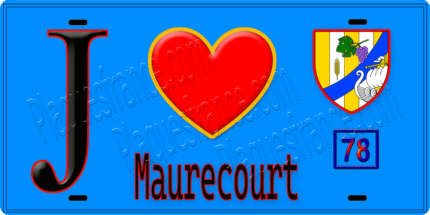 Plaque métal décorative  J' ❤️ Maurecourt, Yvelines (78) fond bleu