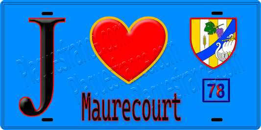 Plaque métal décorative  J' ❤️ Maurecourt, Yvelines (78) fond bleu