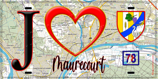 Plaque métal décorative  J' ❤️ Maurecourt, Yvelines (78) fond carte