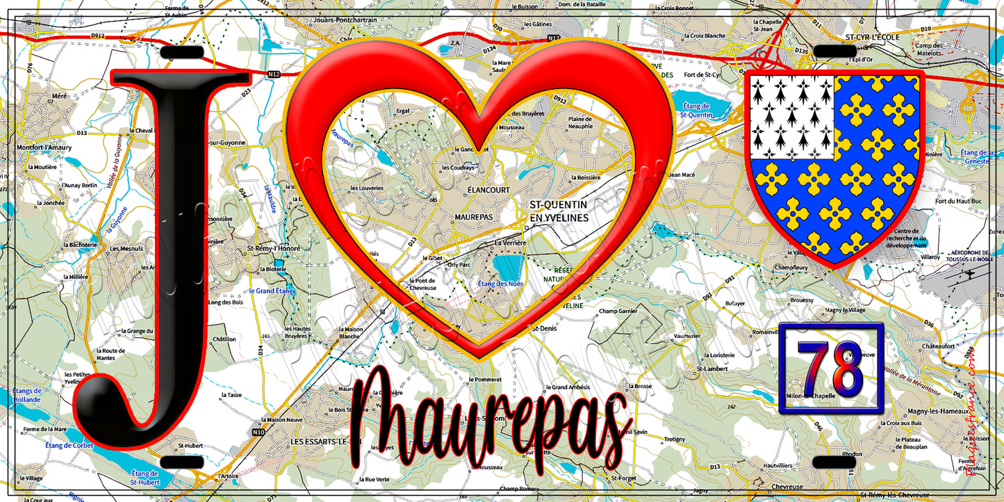 Plaque métal décorative  J' ❤️ Maurepas, Yvelines (78) fond carte