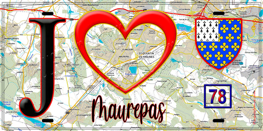 Plaque métal décorative  J' ❤️ Maurepas, Yvelines (78) fond carte