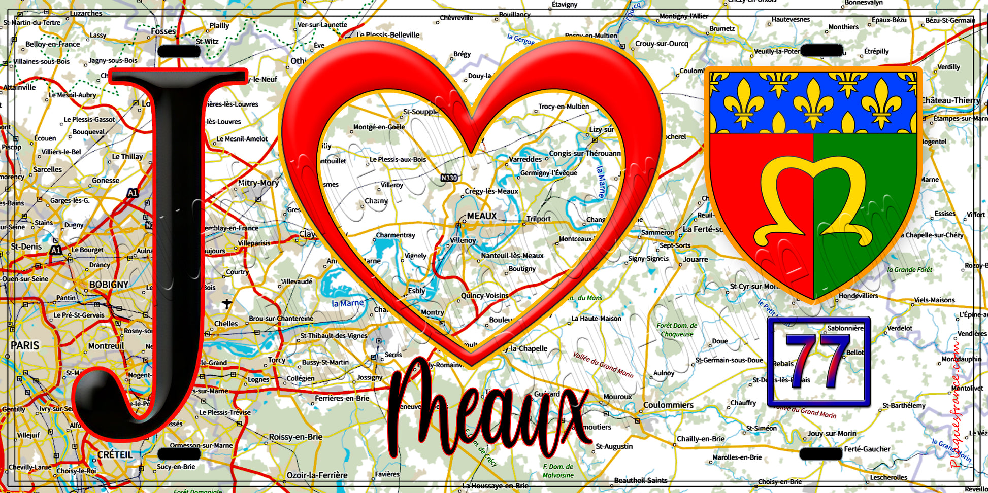 Plaque métal décorative  J' ❤️Meaux, Seine et Marne (77) fond carte