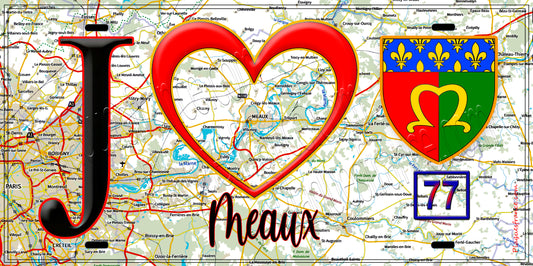 Plaque métal décorative  J' ❤️Meaux, Seine et Marne (77) fond carte