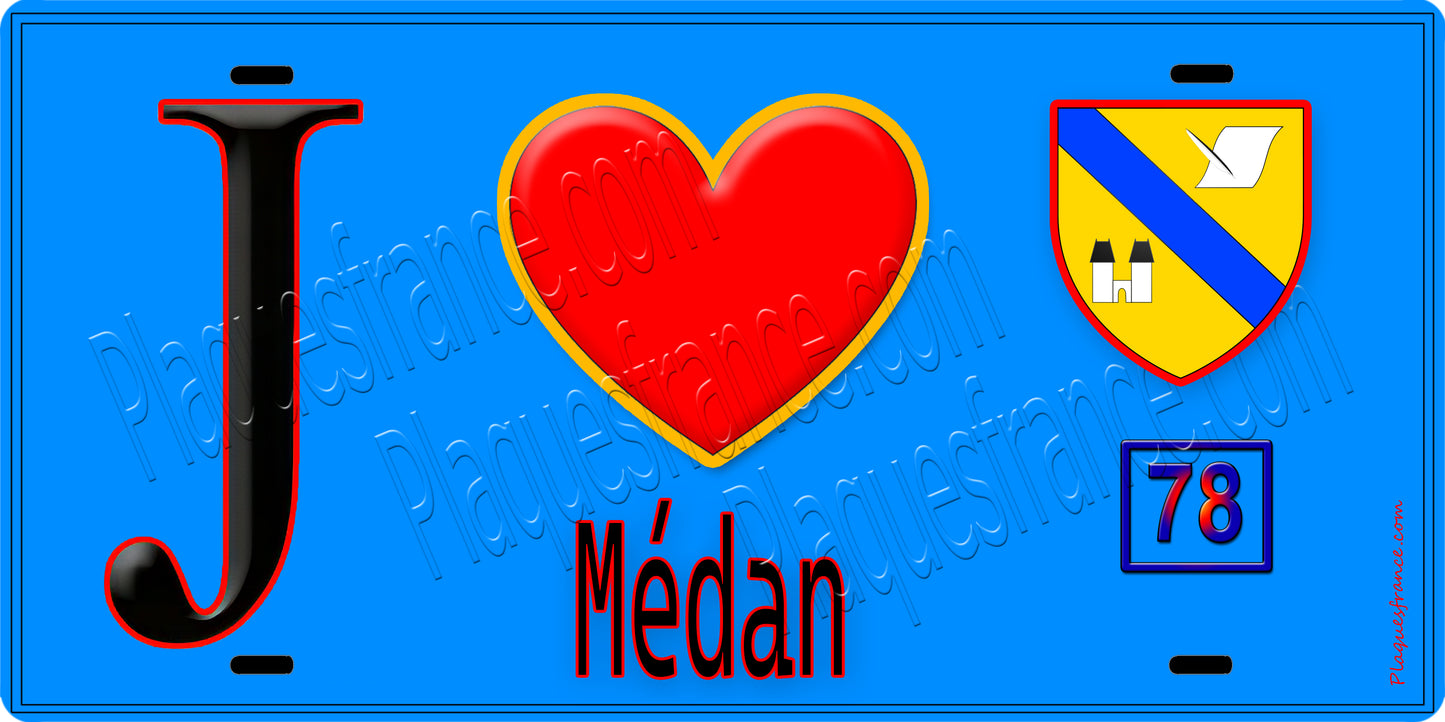 Plaque métal décorative  J' ❤️ Médan, Yvelines (78) fond bleu