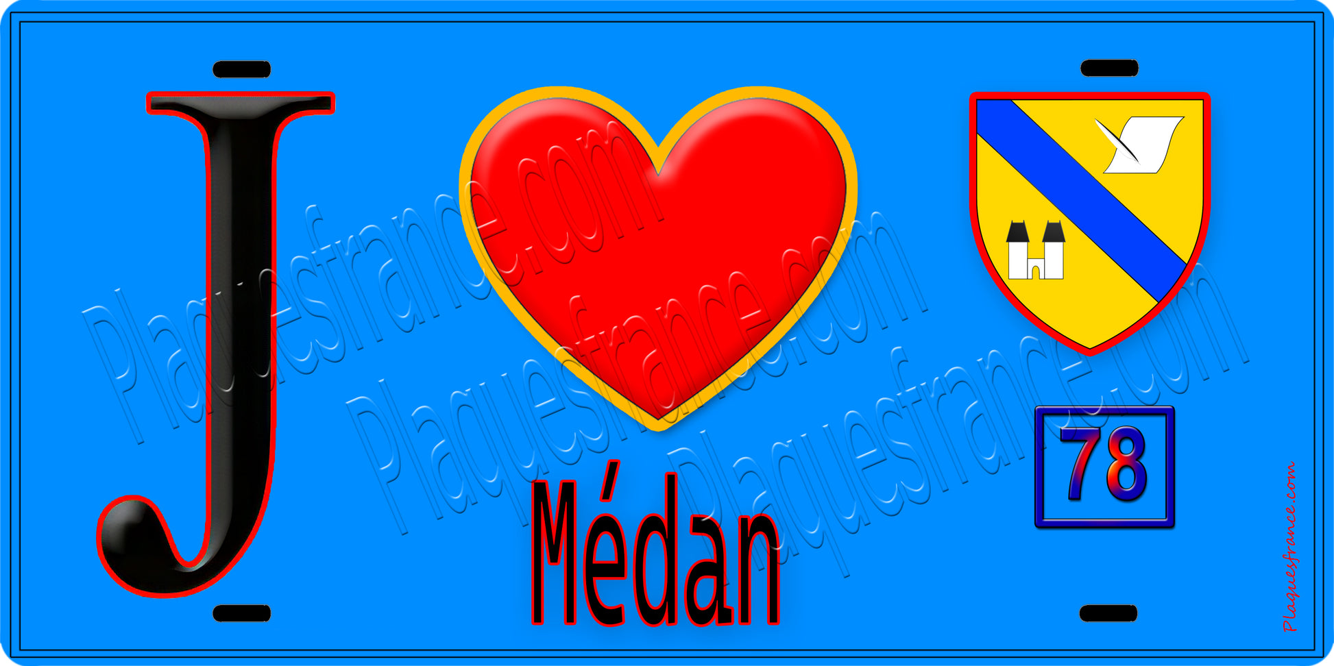 Plaque métal décorative  J' ❤️ Médan, Yvelines (78) fond bleu