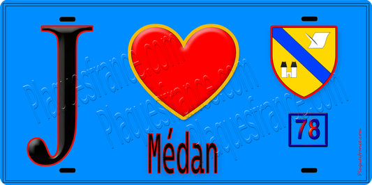 Plaque métal décorative  J' ❤️ Médan, Yvelines (78) fond bleu