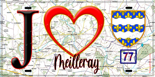Plaque métal décorative  J' ❤️Meilleray, Seine et Marne (77) fond carte