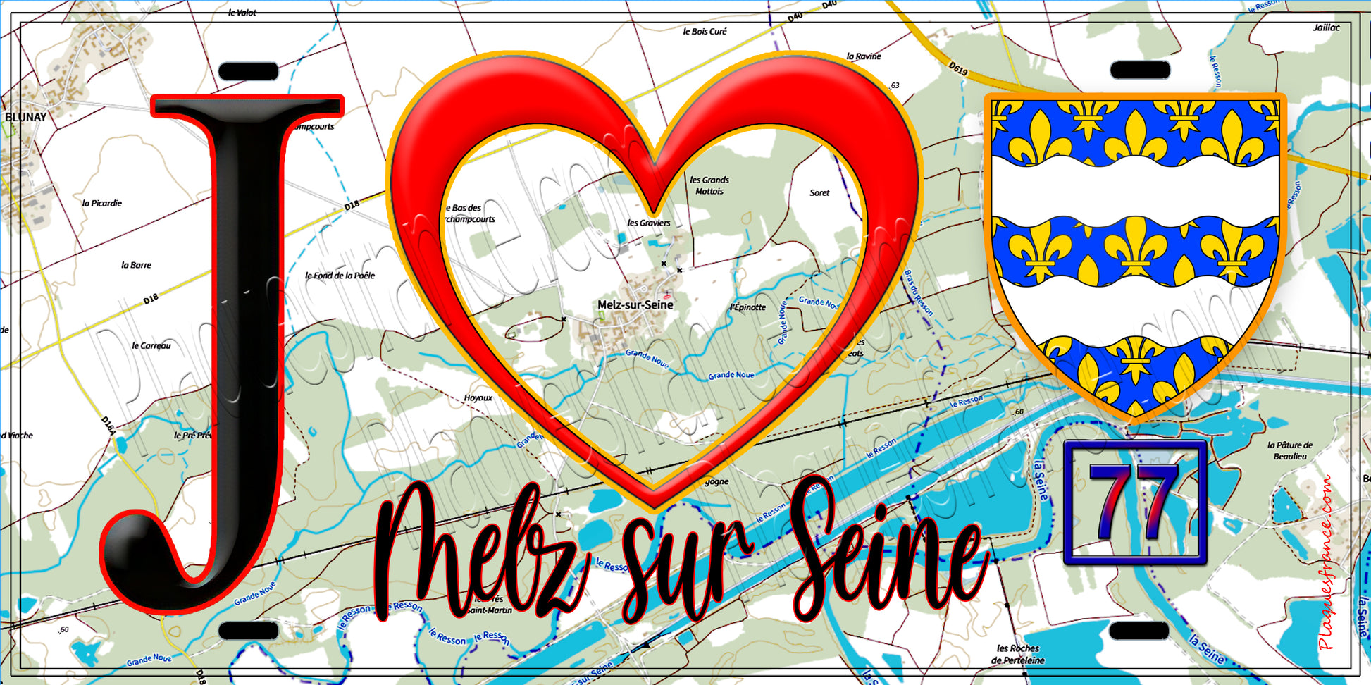 Plaque métal décorative  J' ❤️Melz-sur-Seine, Seine et Marne (77) fond carte