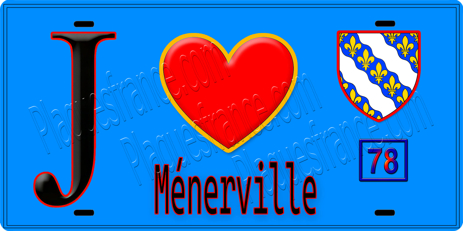 Plaque métal décorative  J' ❤️ Ménerville, Yvelines (78) fond bleu