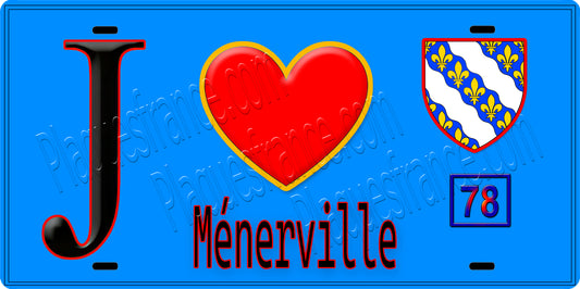 Plaque métal décorative  J' ❤️ Ménerville, Yvelines (78) fond bleu