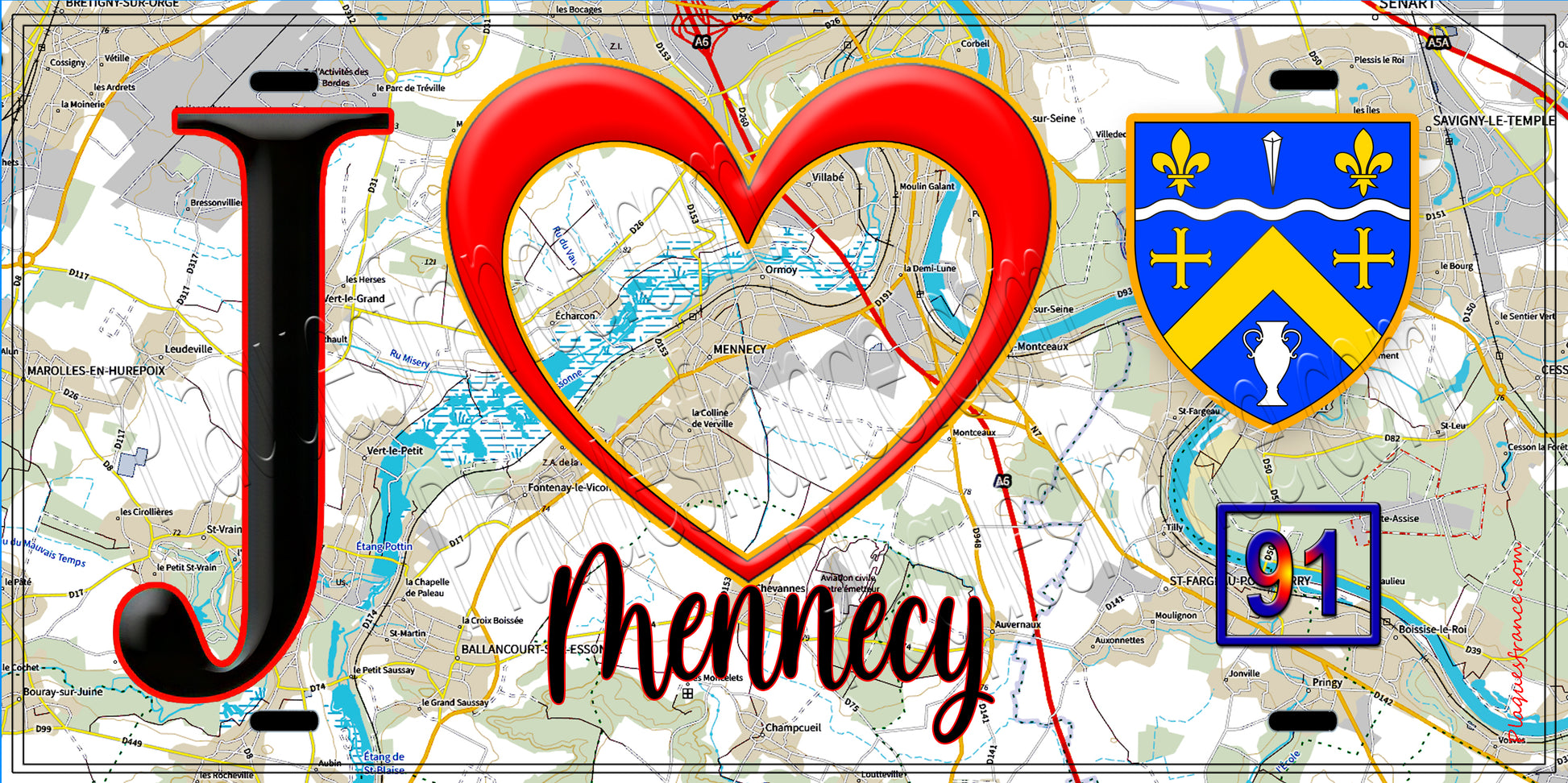 Plaque métal décorative  J' ❤️Mennecy, Essonne (91) fond carte