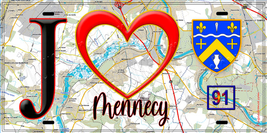 Plaque métal décorative  J' ❤️Mennecy, Essonne (91) fond carte