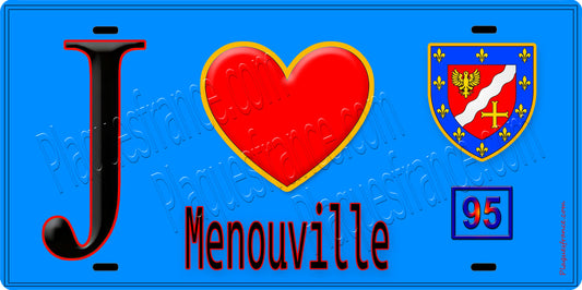 Plaque métal décorative  J' ❤️Menouville, Val d'Oise (95) fond bleu