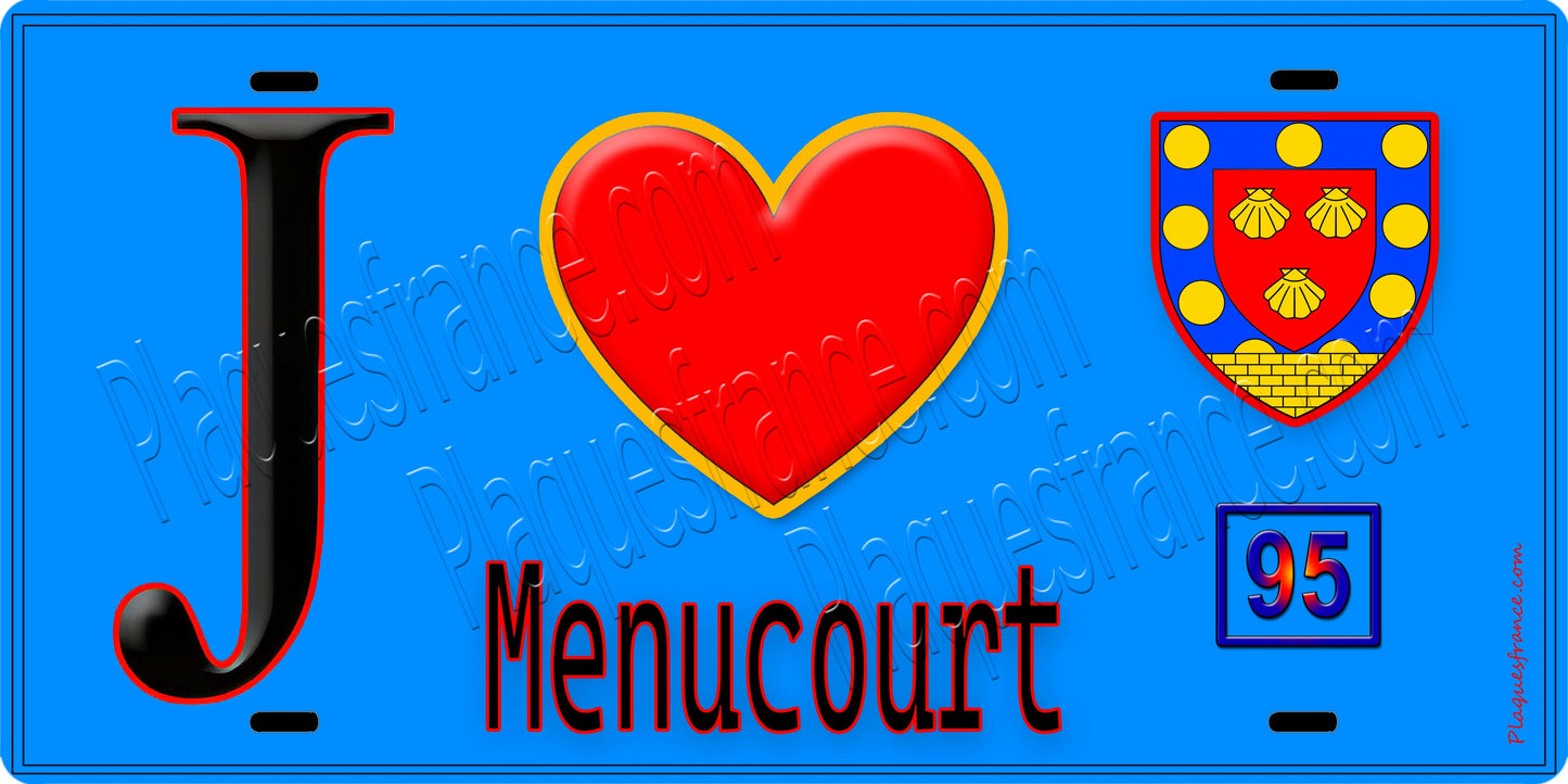 Plaque métal décorative  J' ❤️Menucourt, Val d'Oise (95) fond bleu