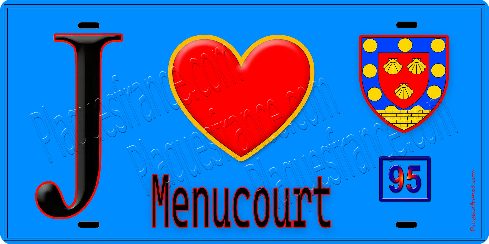 Plaque métal décorative  J' ❤️Menucourt, Val d'Oise (95) fond bleu