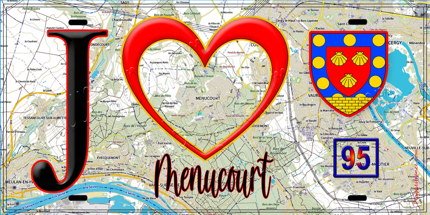 Plaque métal décorative  J' ❤️Menucourt, Val d'Oise (95) fond carte