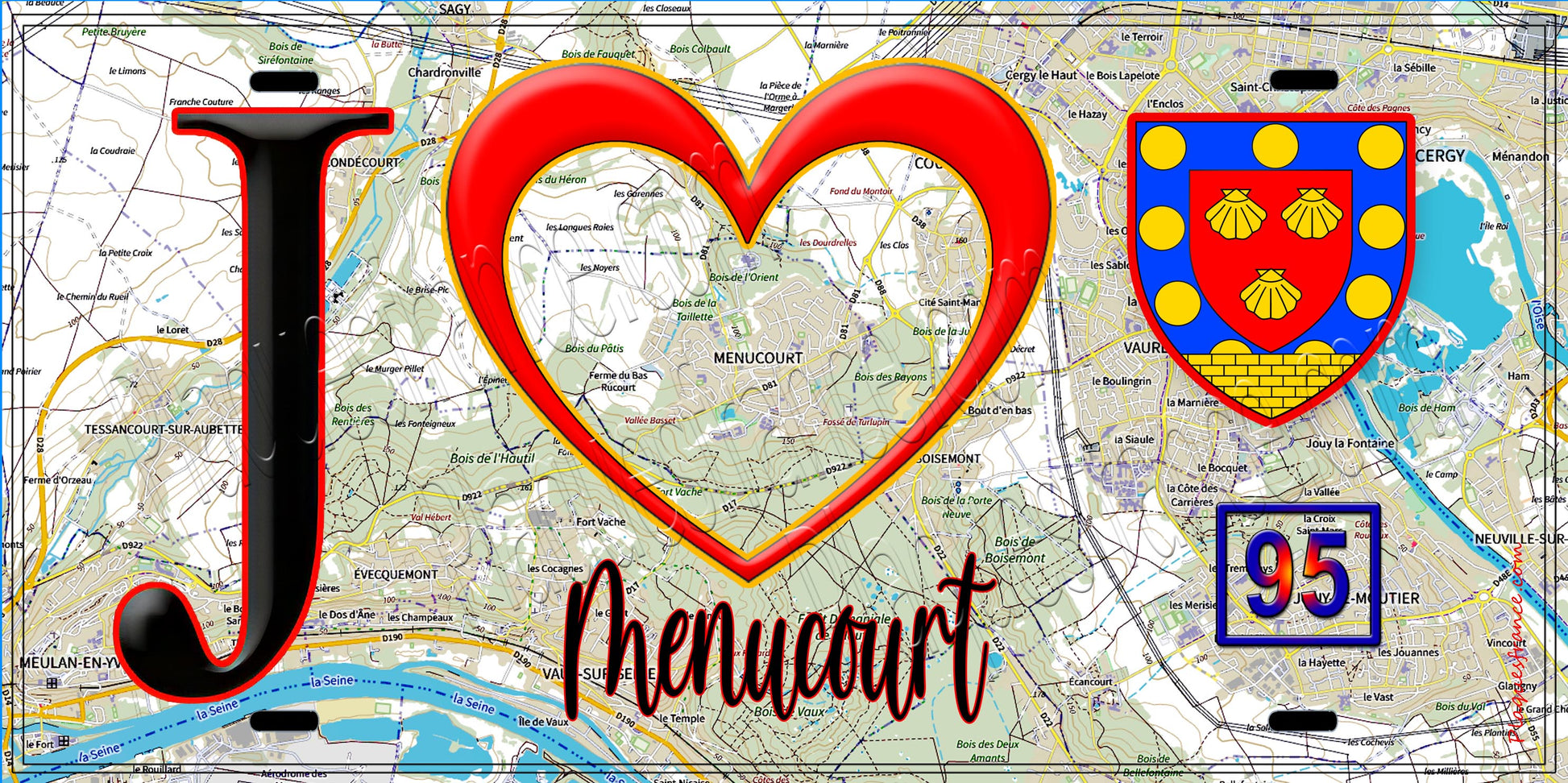 Plaque métal décorative  J' ❤️Menucourt, Val d'Oise (95) fond carte