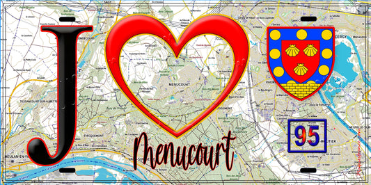 Plaque métal décorative  J' ❤️Menucourt, Val d'Oise (95) fond carte