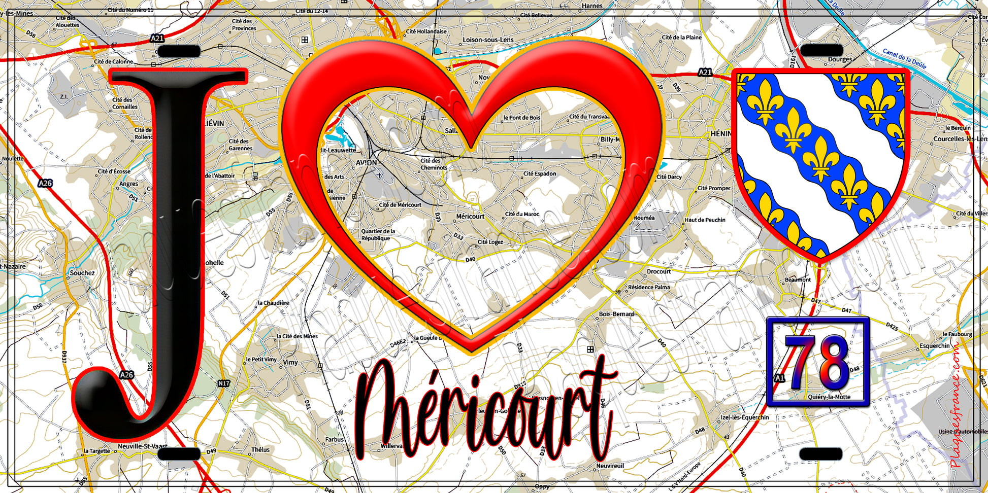 Plaque métal décorative  J' ❤️ Méricourt, Yvelines (78) fond carte
