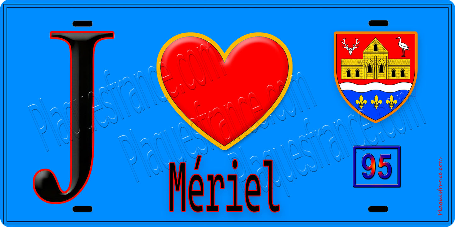 Plaque métal décorative  J' ❤️Mériel, Val d'Oise (95) fond bleu
